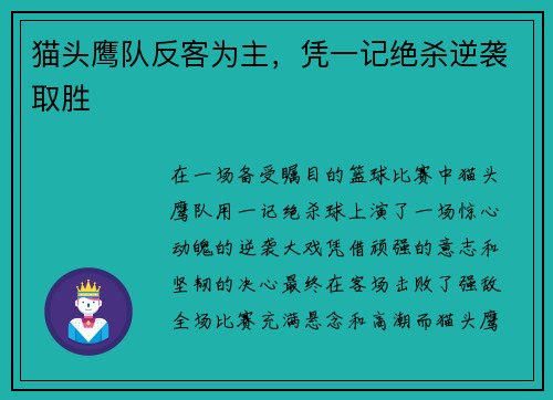 猫头鹰队反客为主，凭一记绝杀逆袭取胜