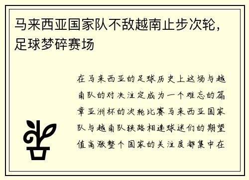 马来西亚国家队不敌越南止步次轮，足球梦碎赛场